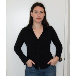 James Perse Black Ribbed Button-Up Top